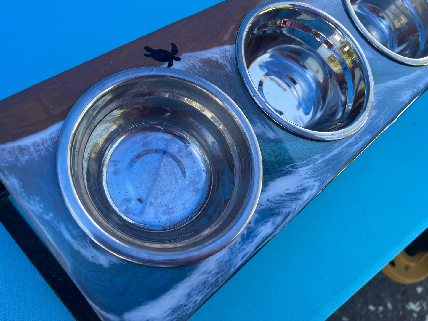 close up of ocean dog bowl with turtle going into the water